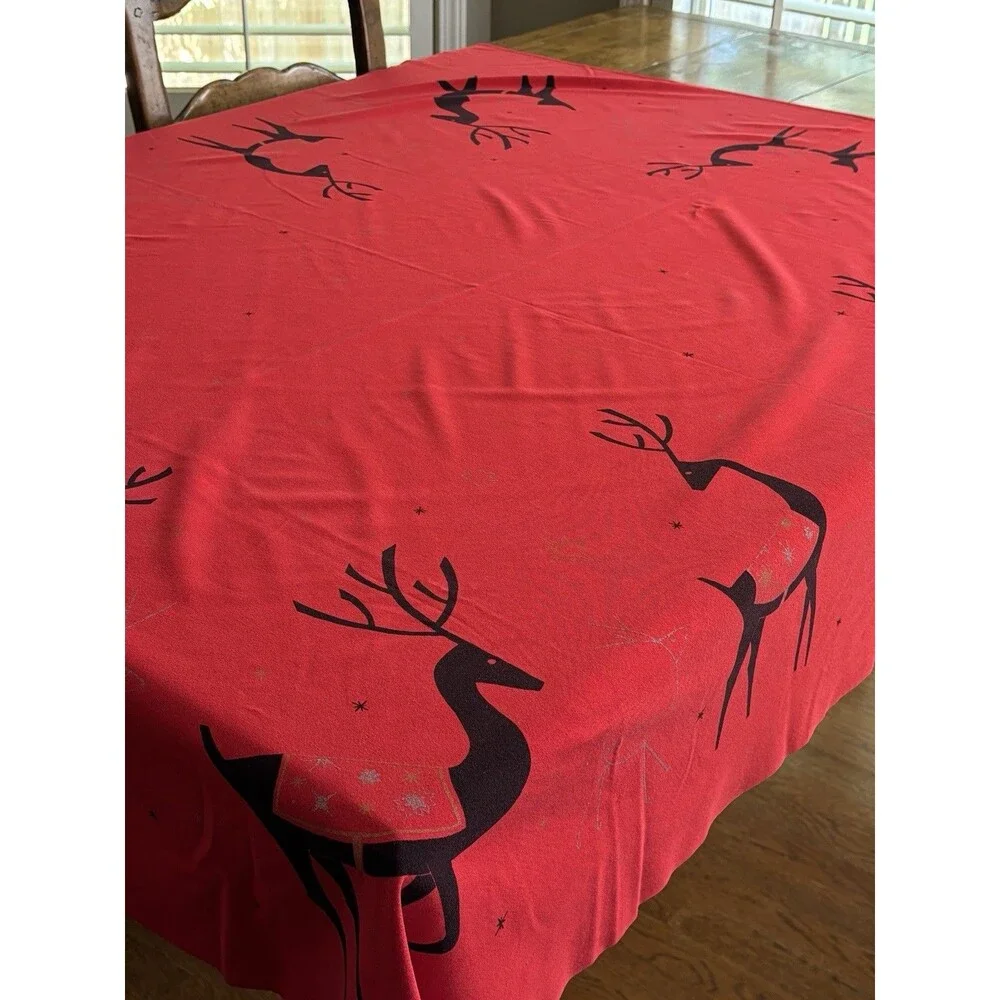 California Hand Prints 50/60s Red Christmas Tablecloth Atomic Reindeer 52x64 MCM